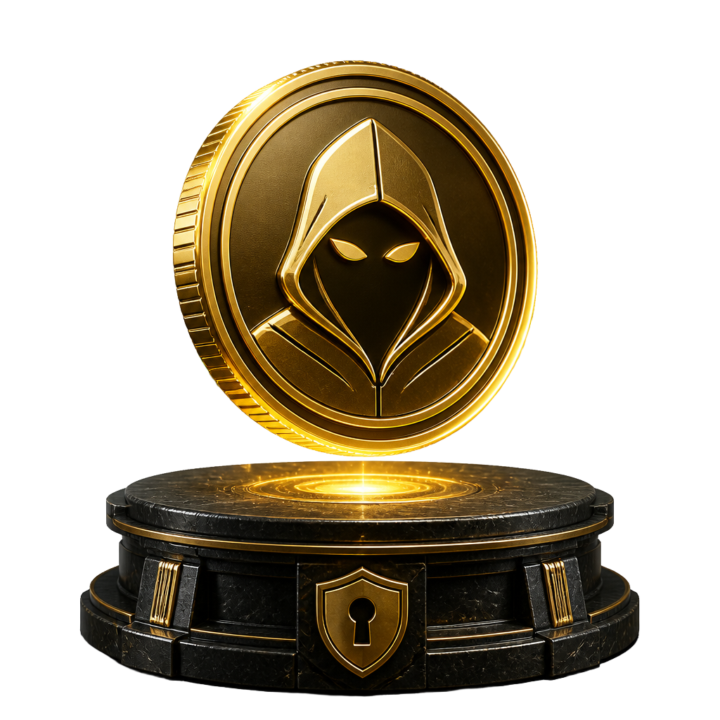 Meme Privacy gold coin resting on a vault plinth